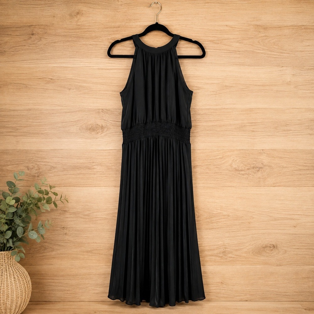 Black Halter Pleated Midi Dress Smocked Waist Size L NWT Mixed Texture
